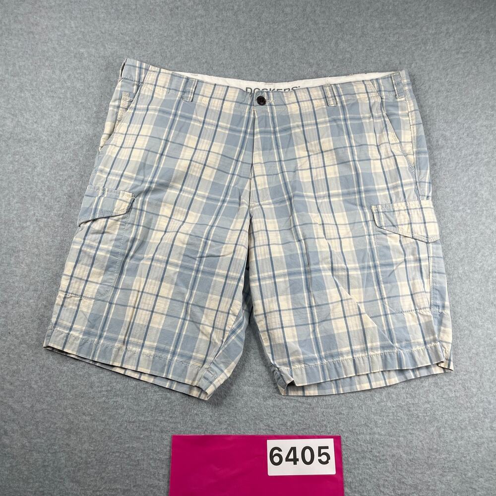 Dockers Cargo Blue Ivory Plaid Shorts Mens Size 42 Snap Back Pocket